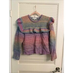 LoveShackFancy Yumi Rainbow Pullover Ruffle Sweater Large NWOT